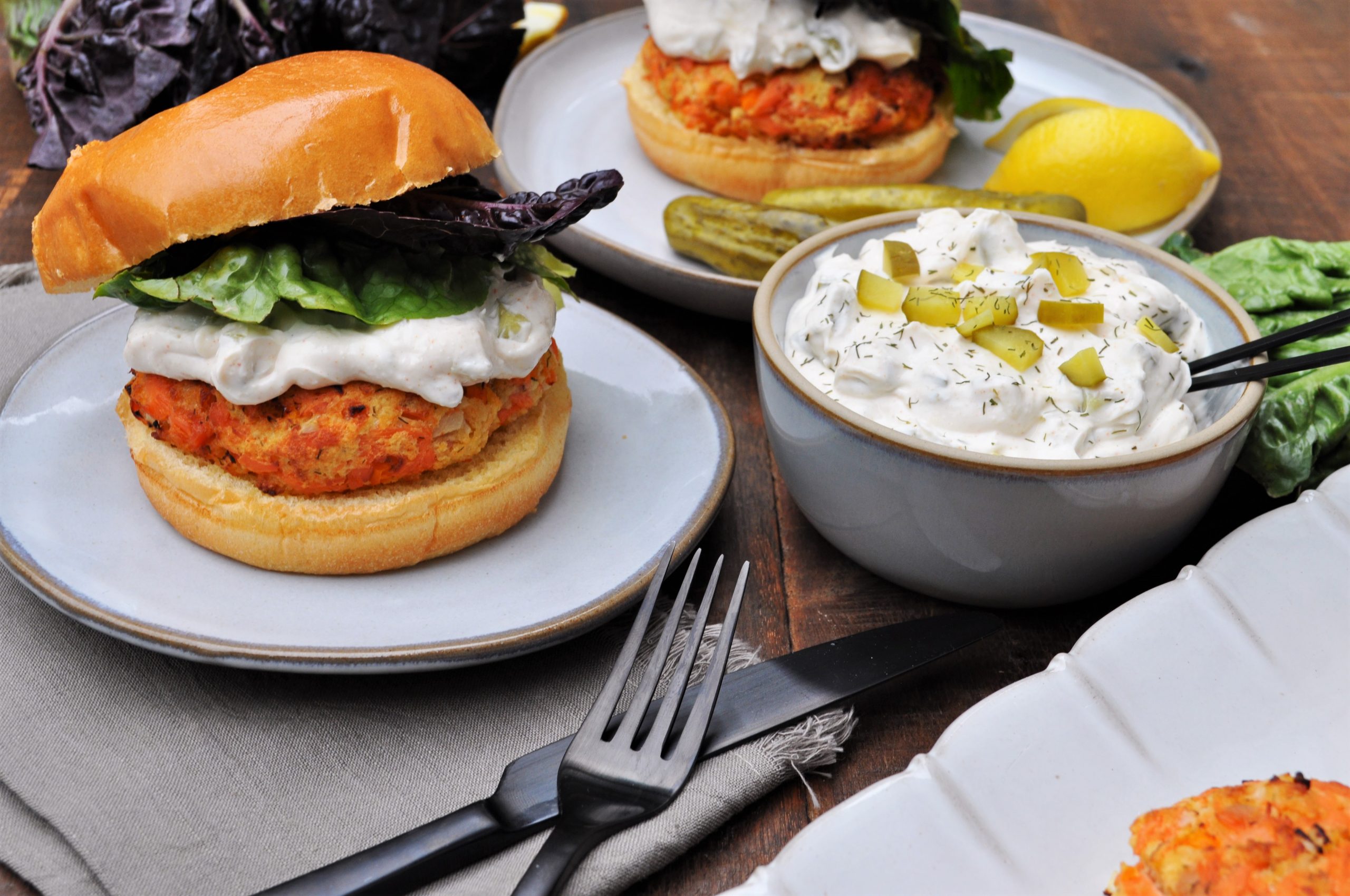 Salmon Burgers with Dill Pickle Spread — Featherstone Nutrition